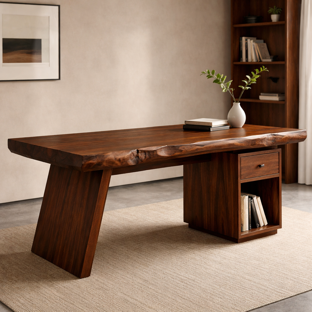 Solid Wood Live Edge Desk with Drawer Storage – Rustic Modern Office Table