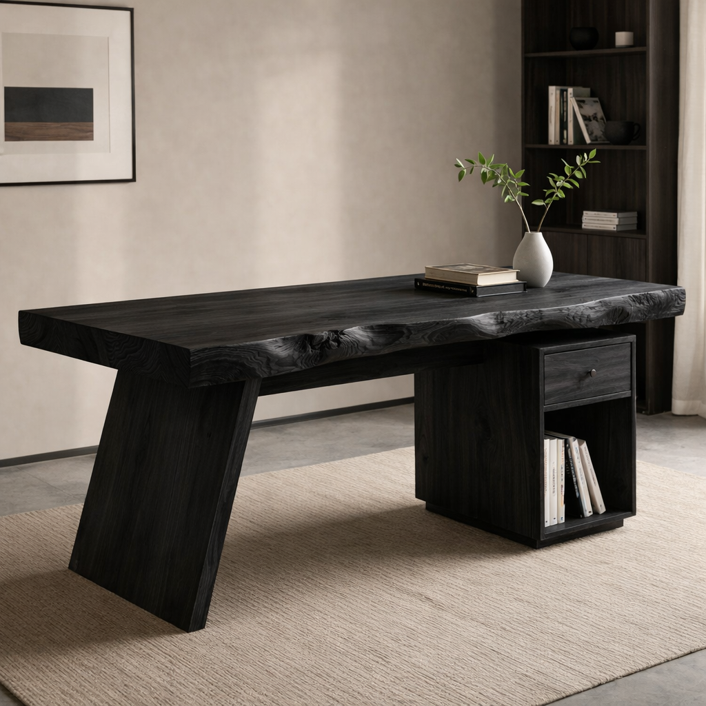 Solid Wood Live Edge Desk with Drawer Storage – Rustic Modern Office Table