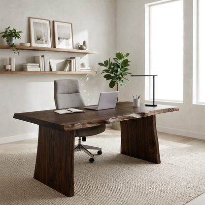 Solid Wood Live Edge Desk – Modern Minimalist Office Table with Sculptural Base