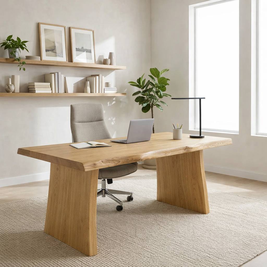 Solid Wood Live Edge Desk – Modern Minimalist Office Table with Sculptural Base