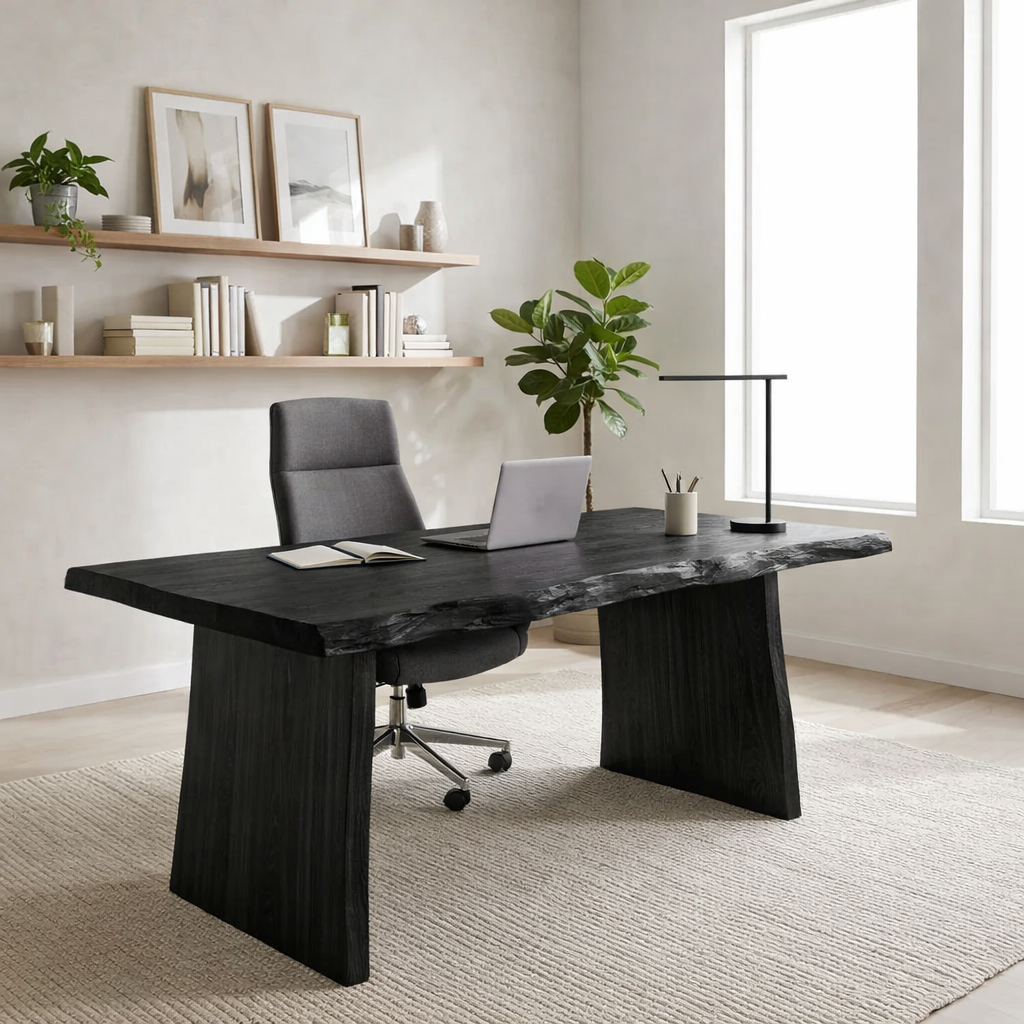 Solid Wood Live Edge Desk – Modern Minimalist Office Table with Sculptural Base