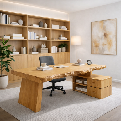 Solid Wood Live Edge Desk with Storage Cabinet – Rustic Modern Executive Office Desk
