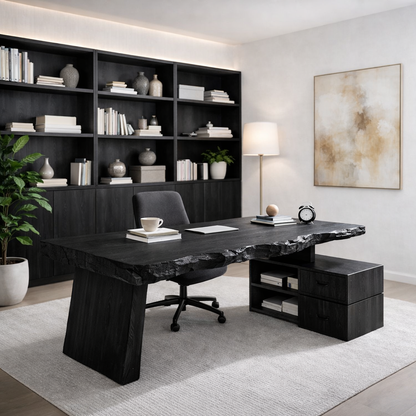 Solid Wood Live Edge Desk with Storage Cabinet – Rustic Modern Executive Office Desk