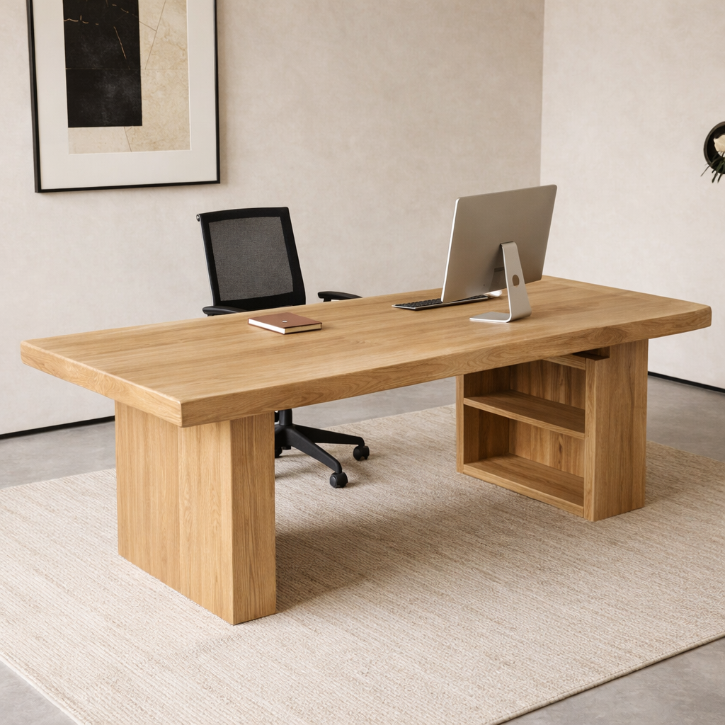 Solid Walnut Desk with Storage Shelf – Modern Minimalist Executive Office Table