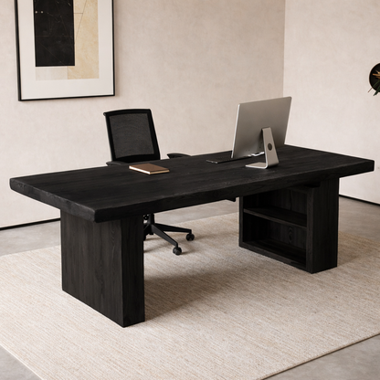 Solid Walnut Desk with Storage Shelf – Modern Minimalist Executive Office Table