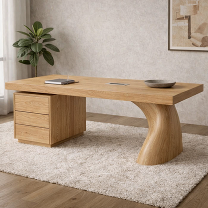Solid Wood Executive Desk with Sculptural Leg & Drawer Storage – Modern Rustic Office Table