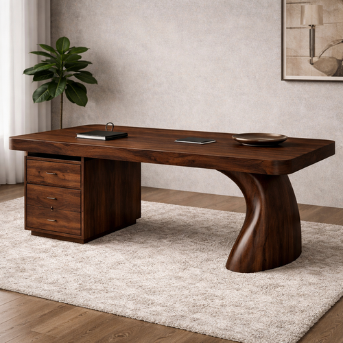 Solid Wood Executive Desk with Sculptural Leg & Drawer Storage – Modern Rustic Office Table