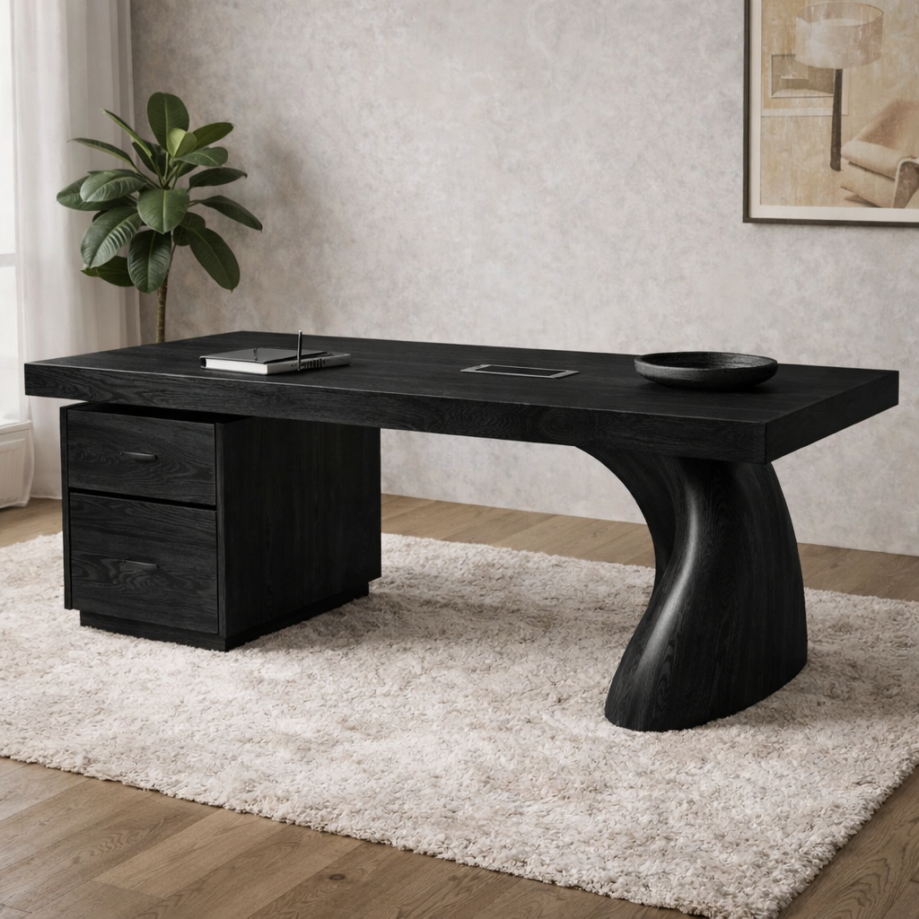 Solid Wood Executive Desk with Sculptural Leg & Drawer Storage – Modern Rustic Office Table