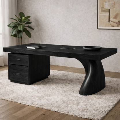 Solid Wood Executive Desk with Sculptural Leg & Drawer Storage – Modern Rustic Office Table