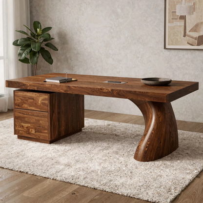 Solid Wood Executive Desk with Sculptural Leg & Drawer Storage – Modern Rustic Office Table