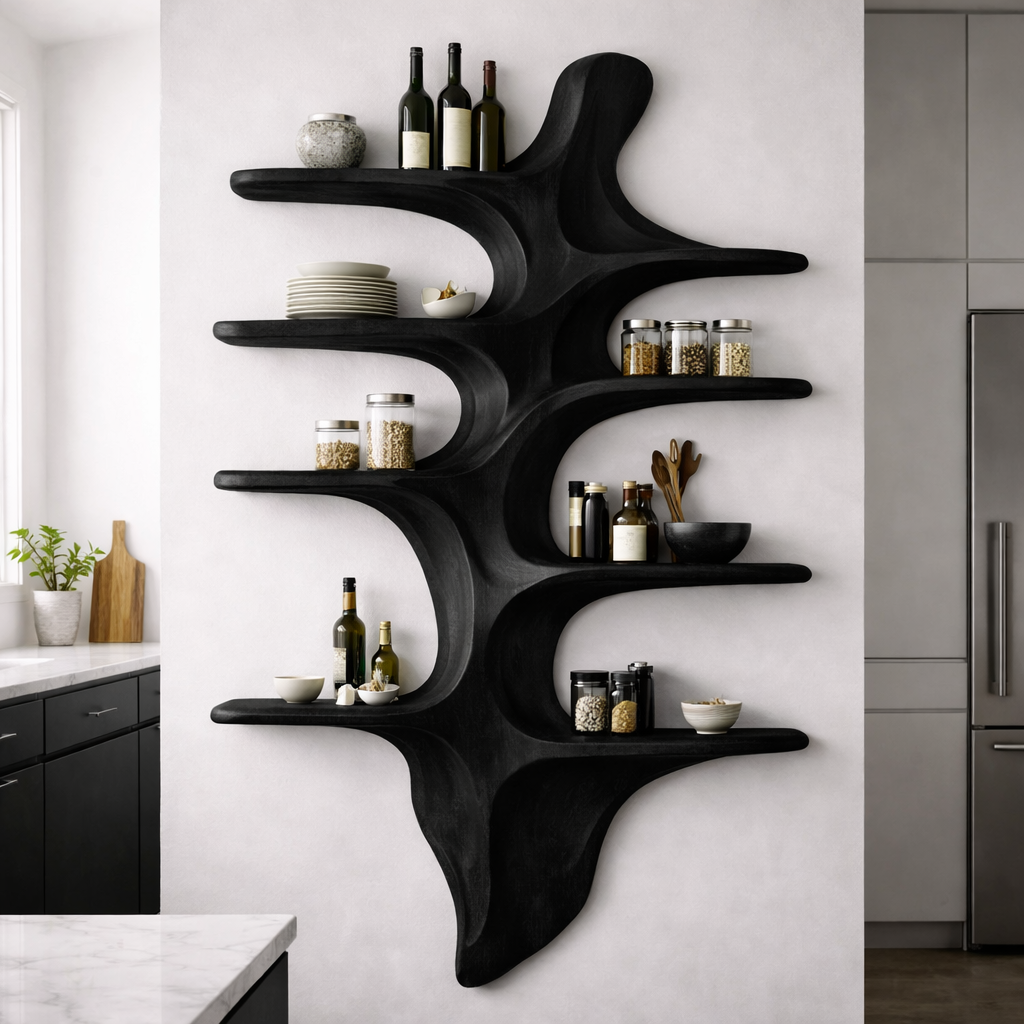 Sculptural Solid Wood Wall Shelf Kitchen Cabinet – Organic Live Edge Floating Storage