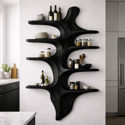 Sculptural Solid Wood Wall Shelf Kitchen Cabinet – Organic Live Edge Floating Storage