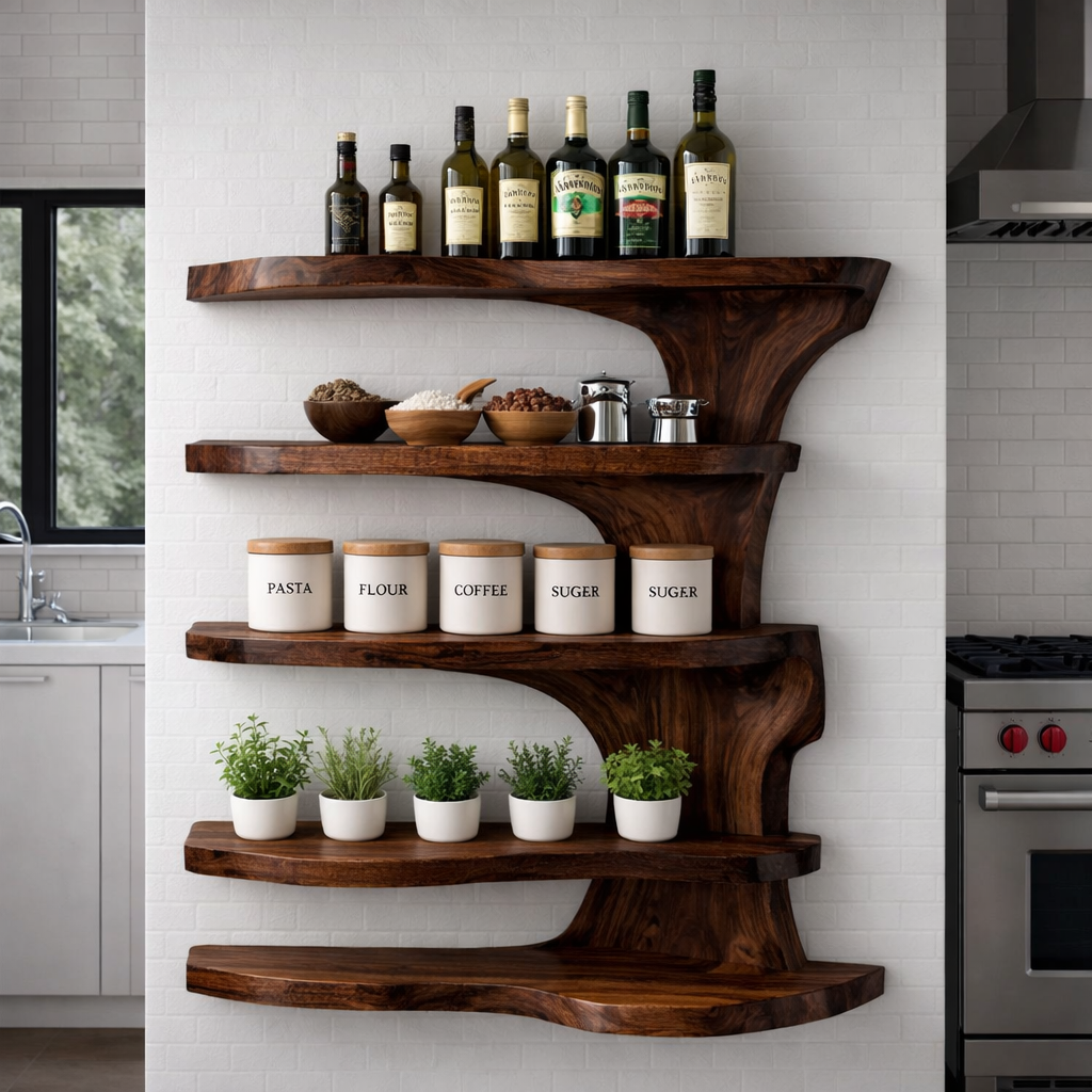 Solid Wood Live Edge Kitchen Cabinet Shelf – Organic Floating Wall Storage