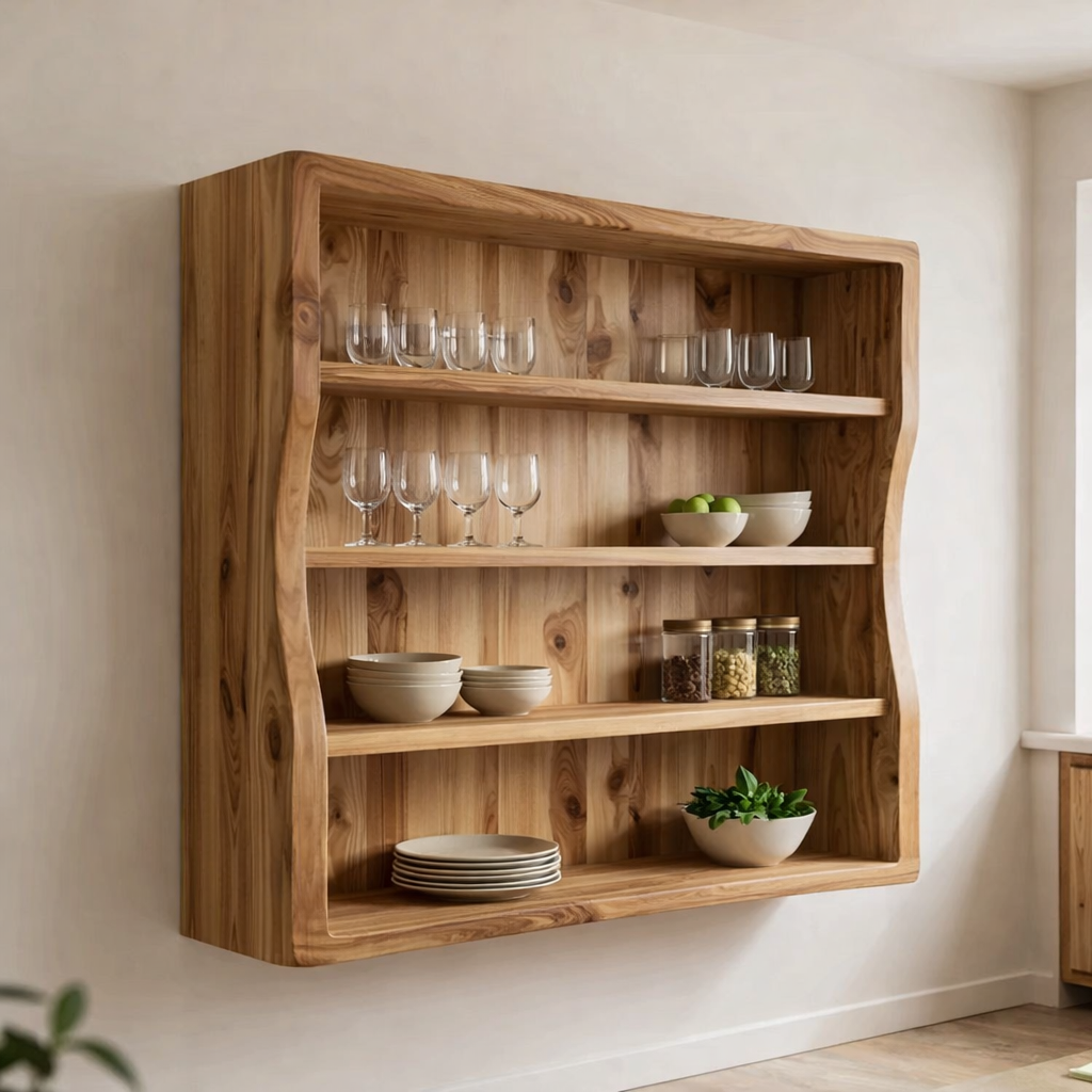 Solid Wood Kitchen Cabinet Shelf – Curved Wall Mounted Storage Cabinet