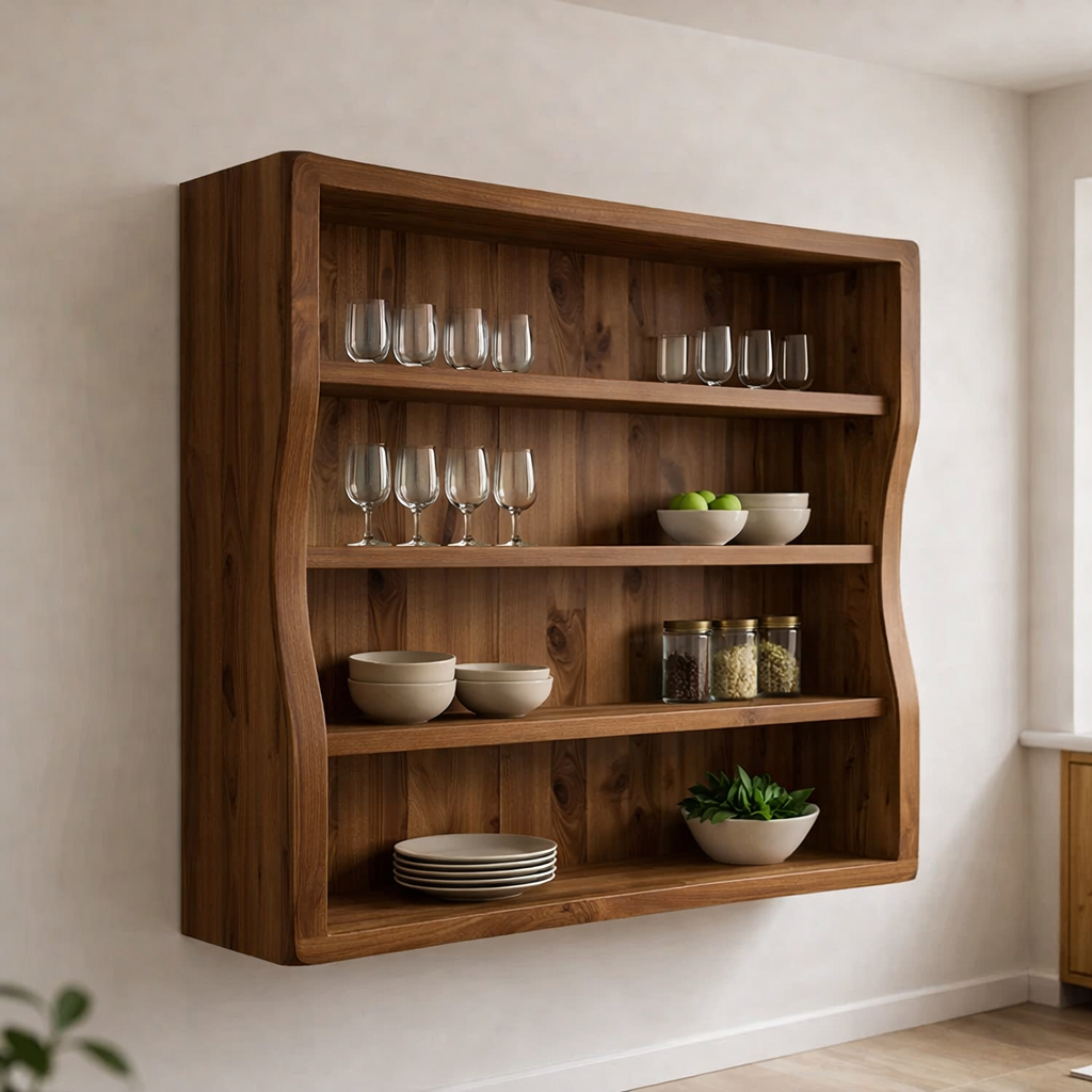 Solid Wood Kitchen Cabinet Shelf – Curved Wall Mounted Storage Cabinet