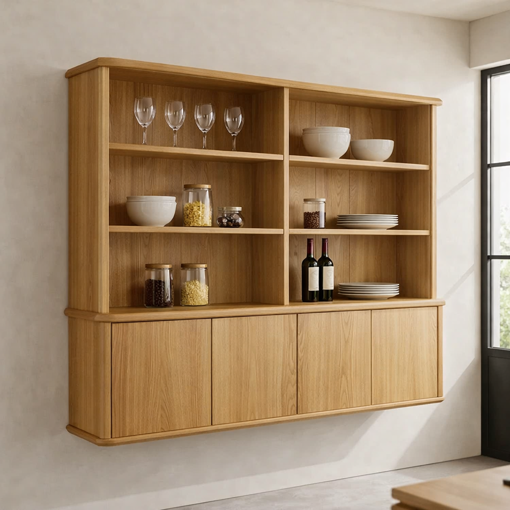 Solid Wood Kitchen Cabinet with Shelves – Wall Mounted Storage Display Unit