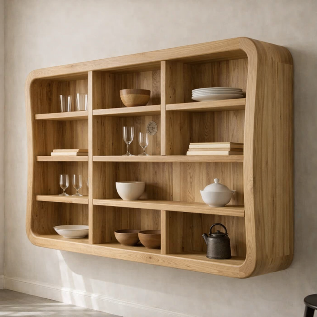 Solid Wood Kitchen Cabinet Shelf – Curved Floating Wall Storage Unit