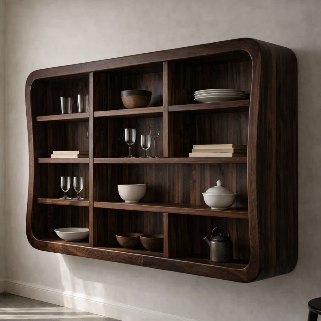 Solid Wood Kitchen Cabinet Shelf – Curved Floating Wall Storage Unit
