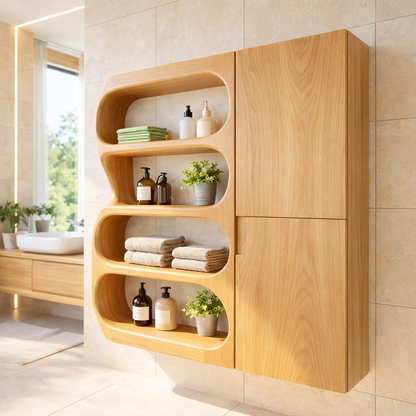 Solid Wood Floating Bathroom Cabinet with Curved Open Shelves & Storage Door