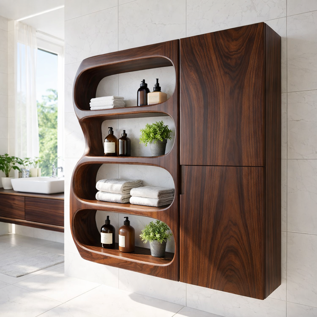 Solid Wood Floating Bathroom Cabinet with Curved Open Shelves & Storage Door