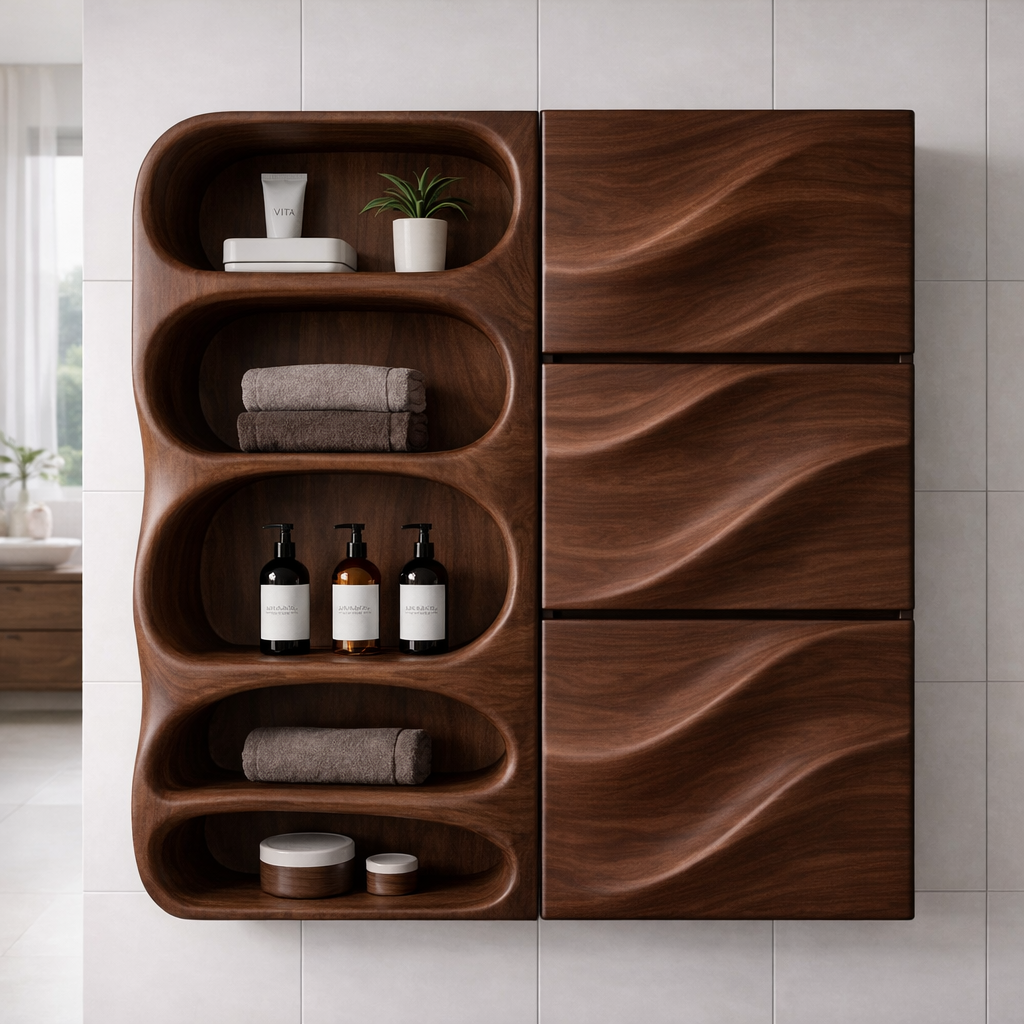 Solid Wood Bathroom Storage Cabinet with Wave Doors – Modern Wall Mounted Organizer