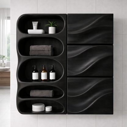 Solid Wood Bathroom Storage Cabinet with Wave Doors – Modern Wall Mounted Organizer