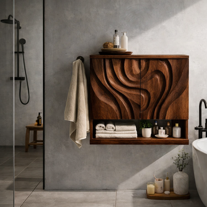 Solid Wood Floating Bathroom Vanity Cabinet with Sculptural Wave Doors