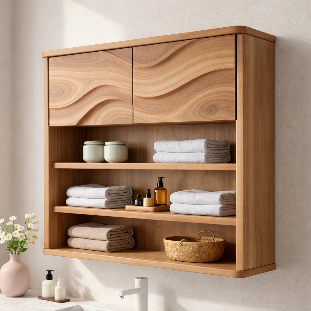 Solid Wood Bathroom Cabinet with Open Shelves & Wave Doors – Modern Wall Mounted Storage