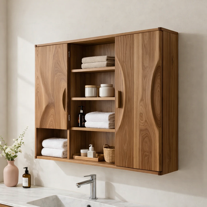 Solid Wood Floating Bathroom Cabinet with Double Doors & Open Shelves