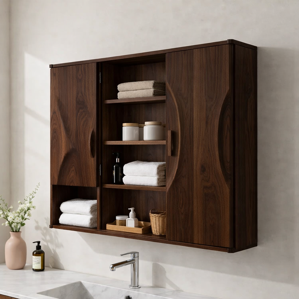 Solid Wood Floating Bathroom Cabinet with Double Doors & Open Shelves