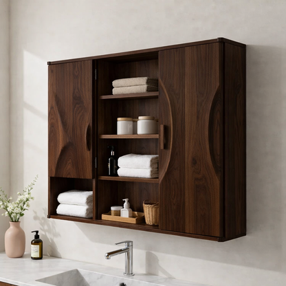 Solid Wood Floating Bathroom Cabinet with Double Doors & Open Shelves