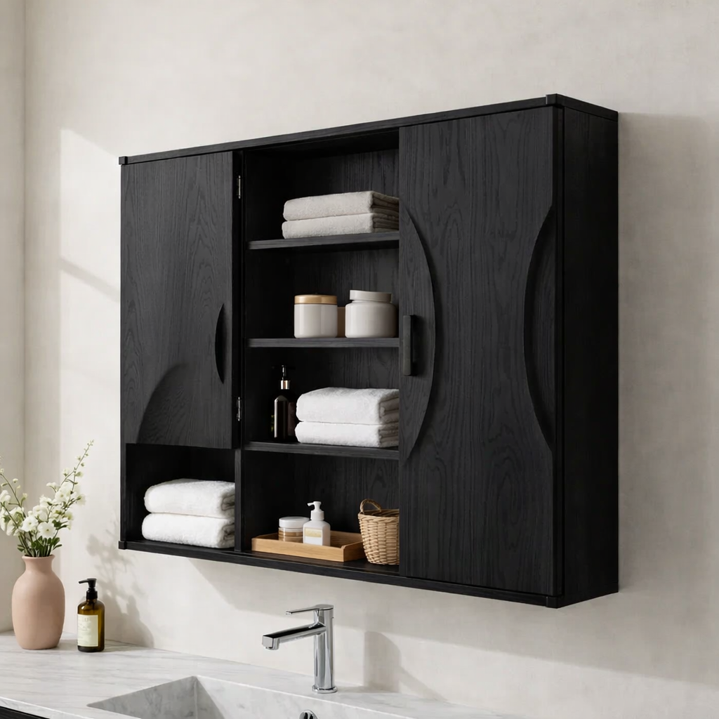 Solid Wood Floating Bathroom Cabinet with Double Doors & Open Shelves