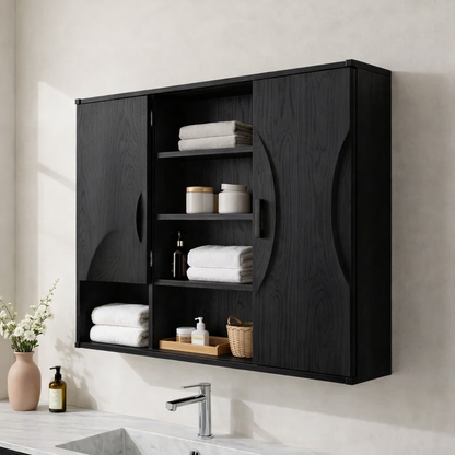Solid Wood Floating Bathroom Cabinet with Double Doors & Open Shelves