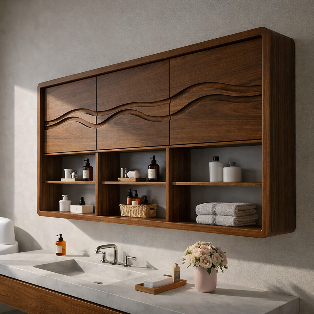 Solid Wood Bathroom Cabinet with Wave Carved Doors & Open Shelving Storage