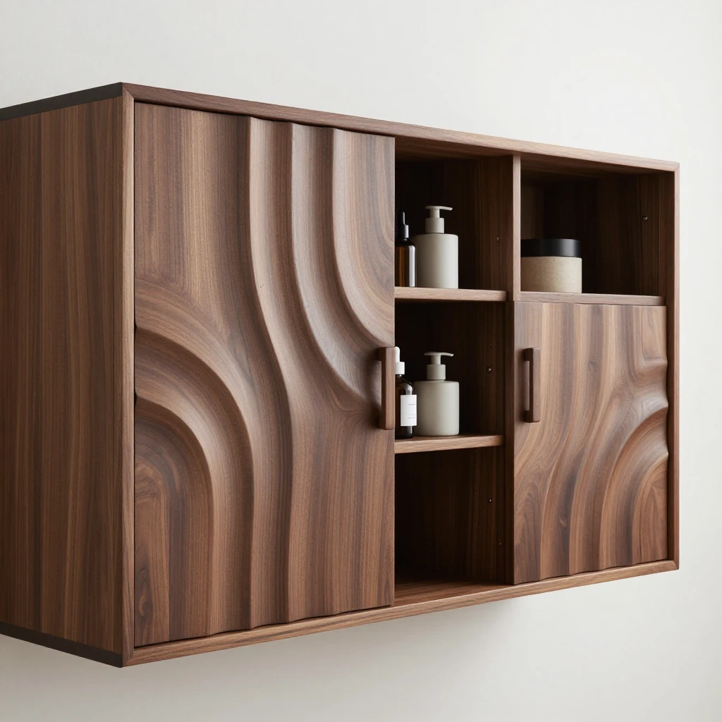 Solid Wood Floating Bathroom Cabinet with Wave Doors & Open Shelving