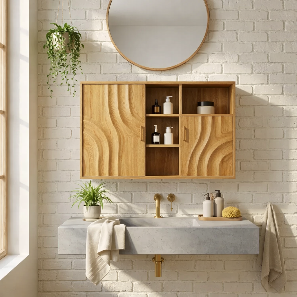 Solid Wood Floating Bathroom Cabinet with Wave Doors & Open Shelving