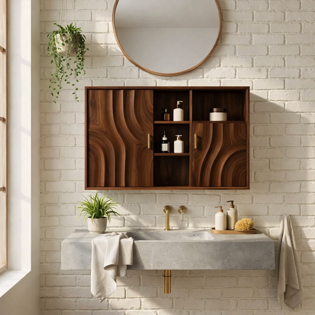 Solid Wood Floating Bathroom Cabinet with Wave Doors & Open Shelving