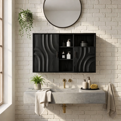 Solid Wood Floating Bathroom Cabinet with Wave Doors & Open Shelving