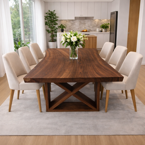 Solid Walnut Dining Table with Sculptural X Base – Modern Farmhouse Wood Table