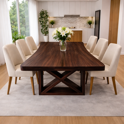 Solid Walnut Dining Table with Sculptural X Base – Modern Farmhouse Wood Table