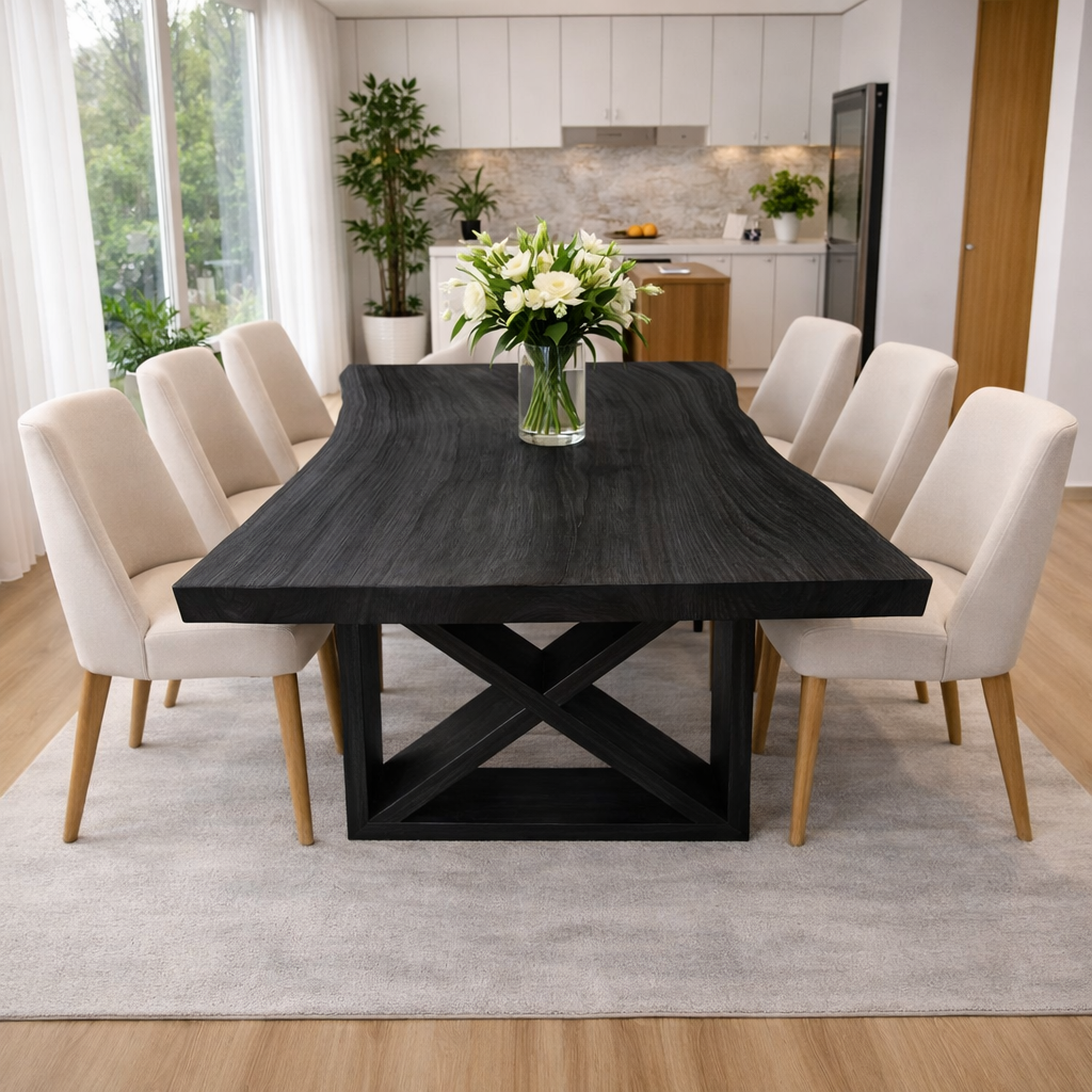 Solid Walnut Dining Table with Sculptural X Base – Modern Farmhouse Wood Table