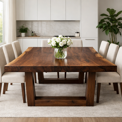 Solid Wood Dining Table with Thick Slab Top & Modern Farmhouse Base