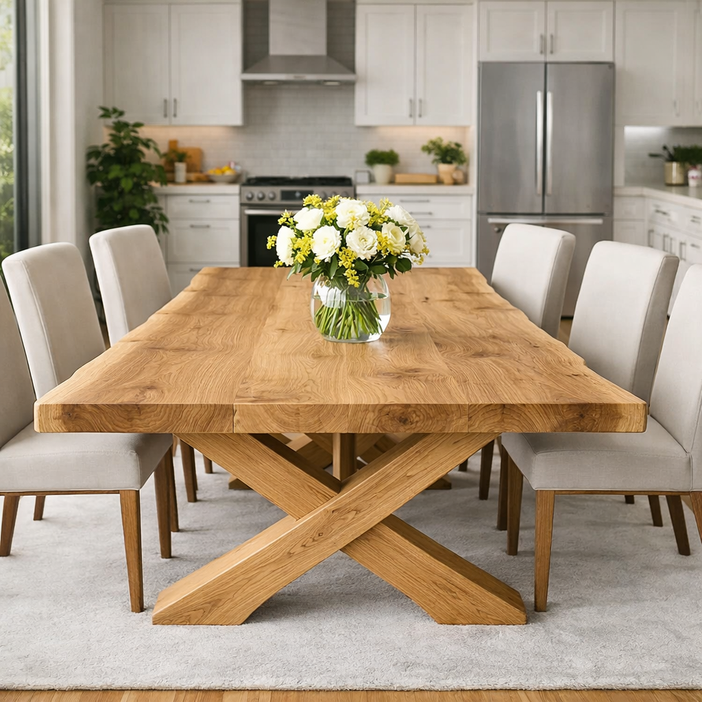 Solid Wood Dining Table with Thick Slab Top & X Base Modern Farmhouse Style