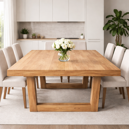 Solid Wood Dining Table with Thick Slab Top & Modern Farmhouse Base