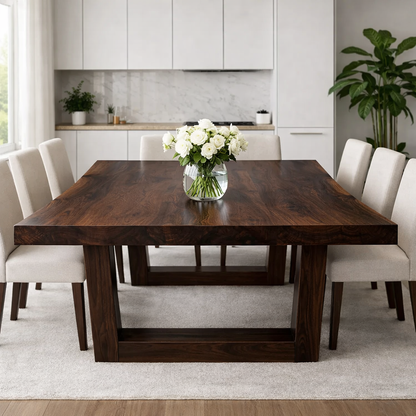 Solid Wood Dining Table with Thick Slab Top & Modern Farmhouse Base