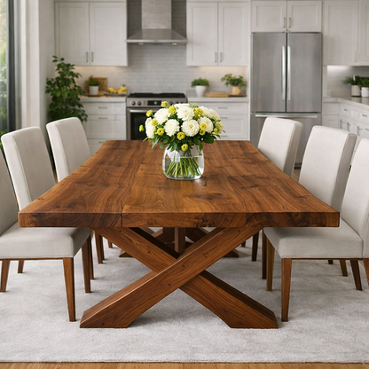 Solid Wood Dining Table with Thick Slab Top & X Base Modern Farmhouse Style
