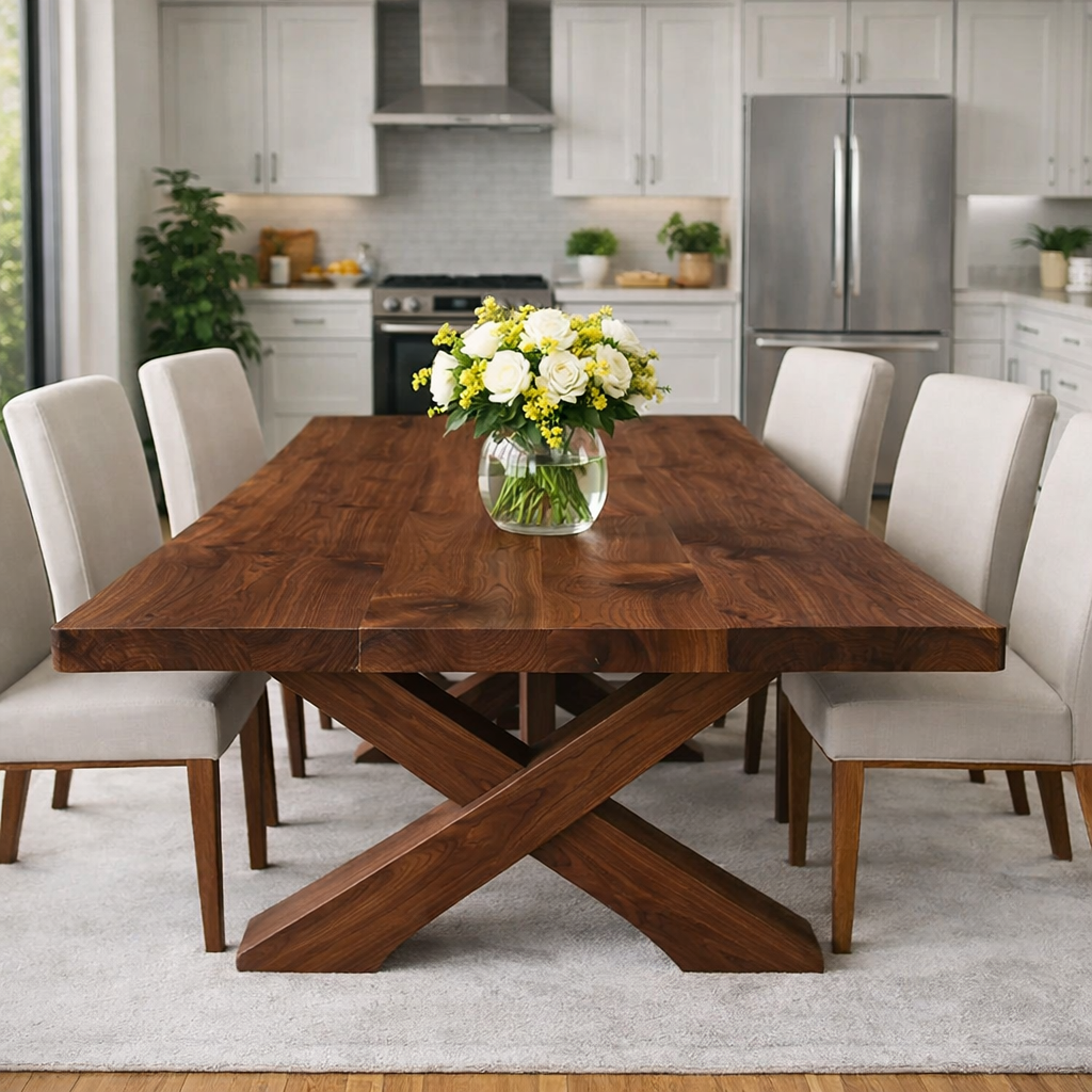 Solid Wood Dining Table with Thick Slab Top & X Base Modern Farmhouse Style