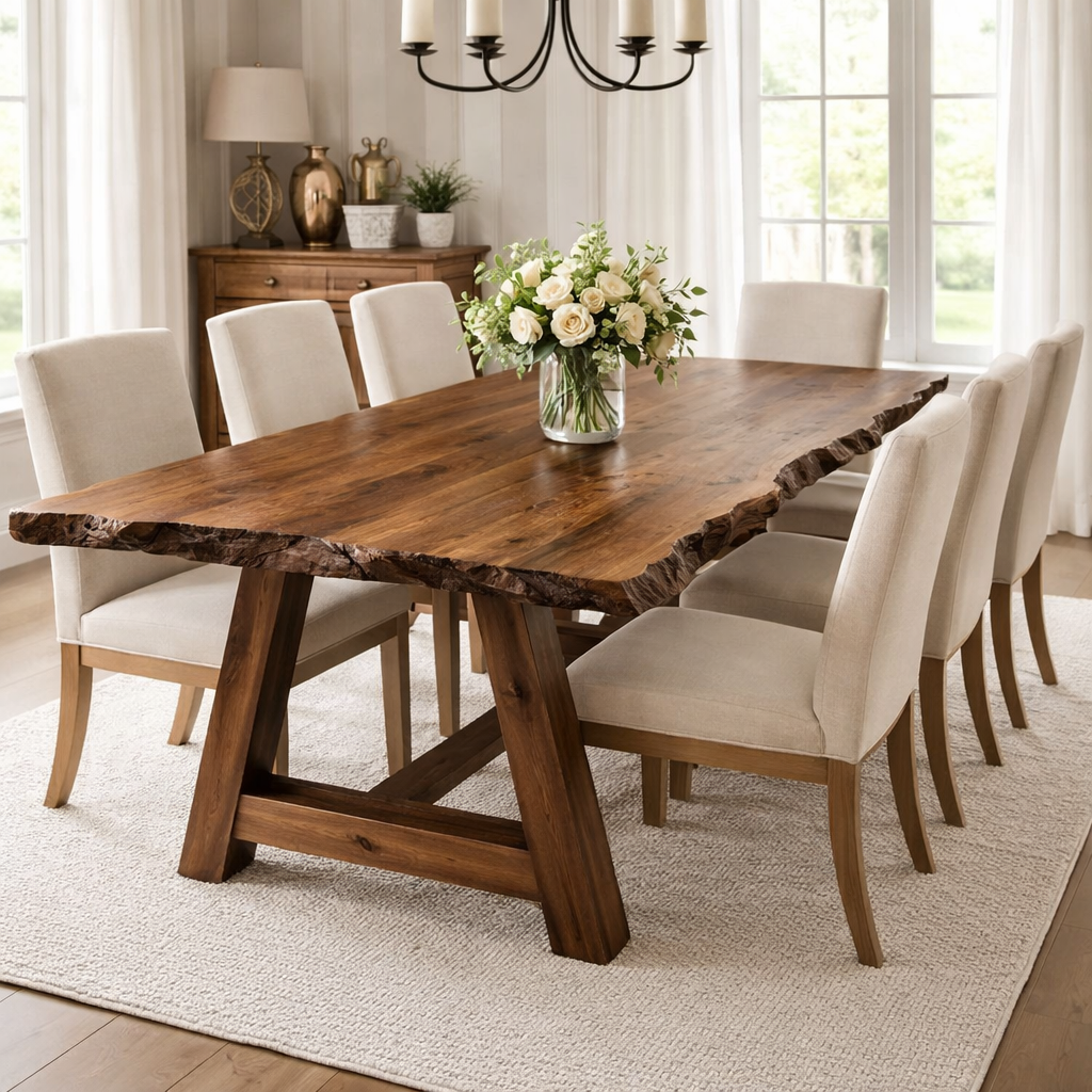 Solid Wood Live Edge Dining Table with A-Frame Legs – Rustic Modern Farmhouse Table