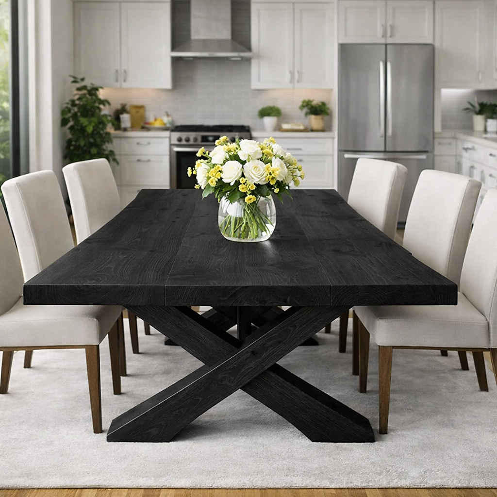 Solid Wood Dining Table with Thick Slab Top & X Base Modern Farmhouse Style