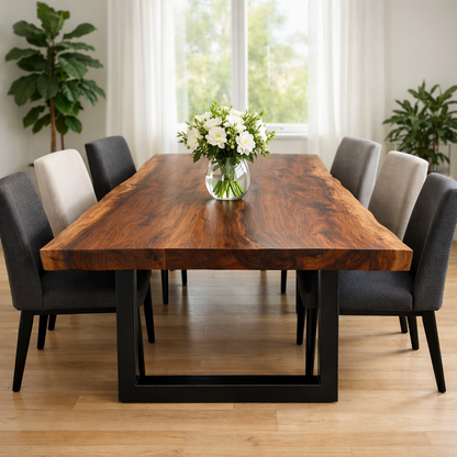 Solid Walnut Dining Table with Metal U-Leg Base – Modern Industrial Wood Table
